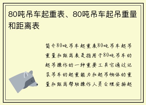 80吨吊车起重表、80吨吊车起吊重量和距离表
