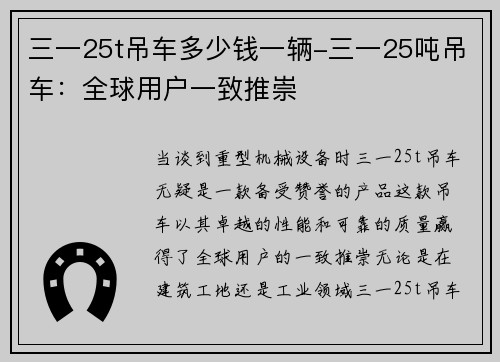 三一25t吊车多少钱一辆-三一25吨吊车：全球用户一致推崇